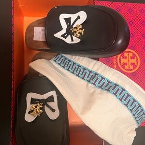 Tory Burch Black Leather Slippers with Gold Accent